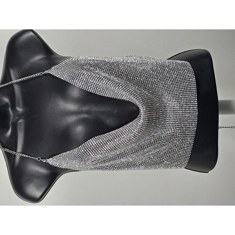 Sparkling Silver Rhinestone Chain Halter Top